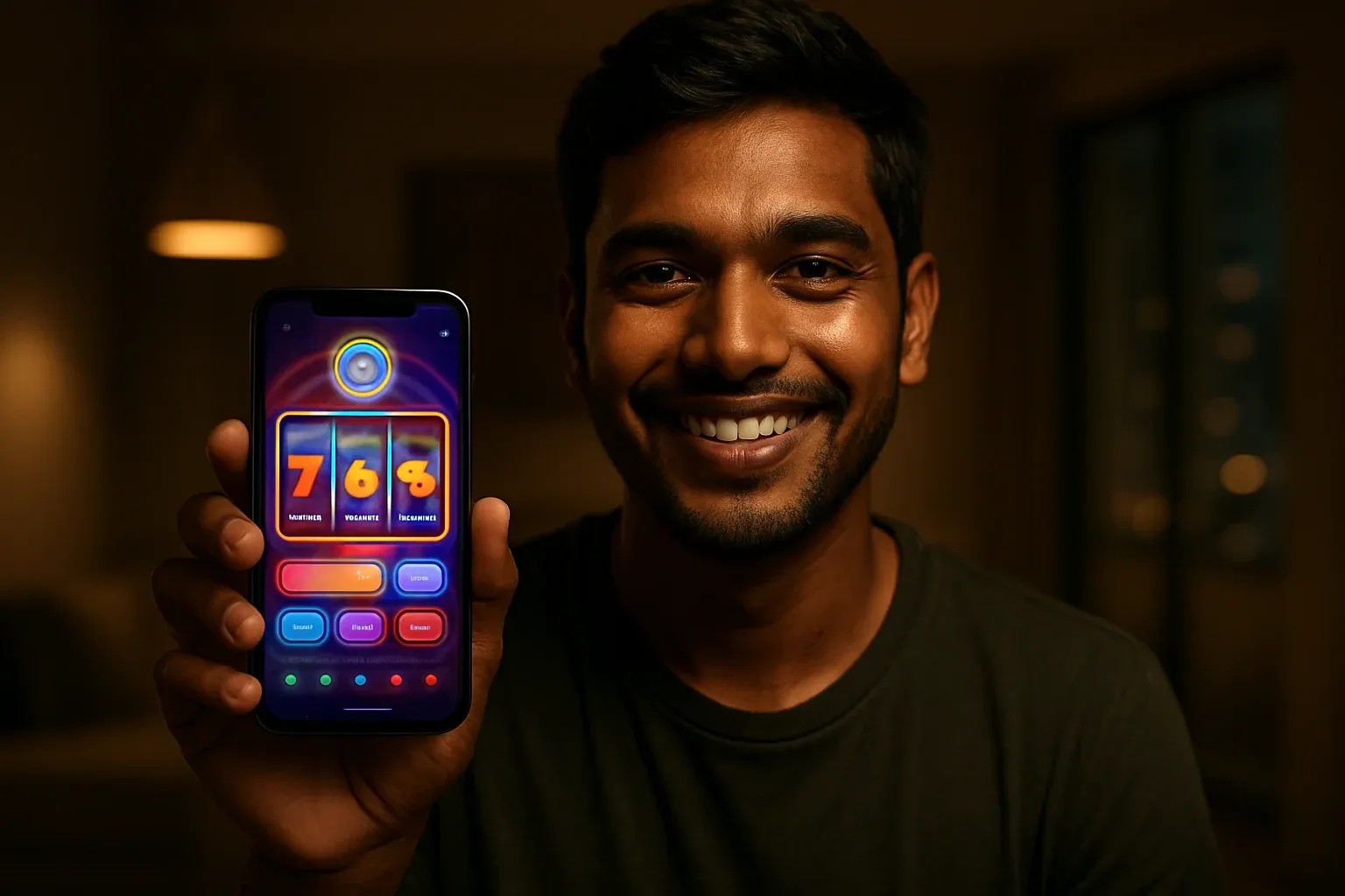 Young Bangladeshi man holding smartphone showing colorful mobile casino app interface