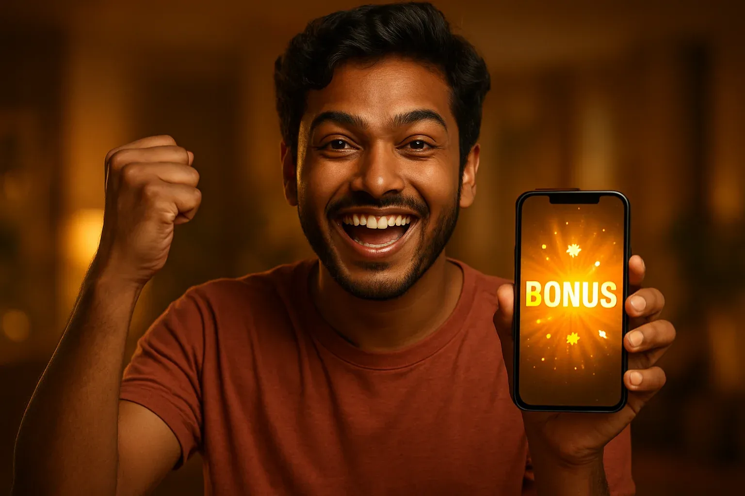 Joyful Bangladeshi man holding smartphone with glowing bonus notification screen