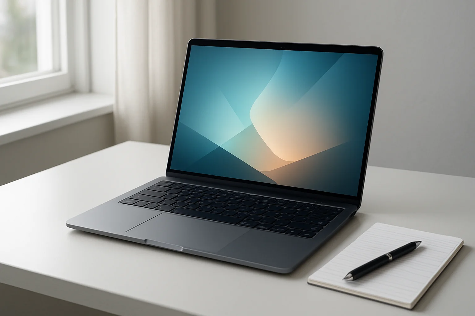 Modern laptop on white desk with abstract glowing screen and notepad
