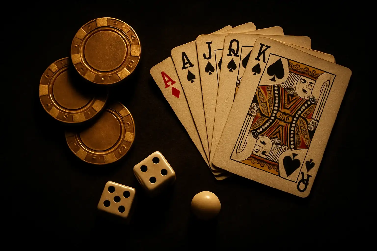 Top-down casino scene with golden chips, cards, dice, and roulette ball