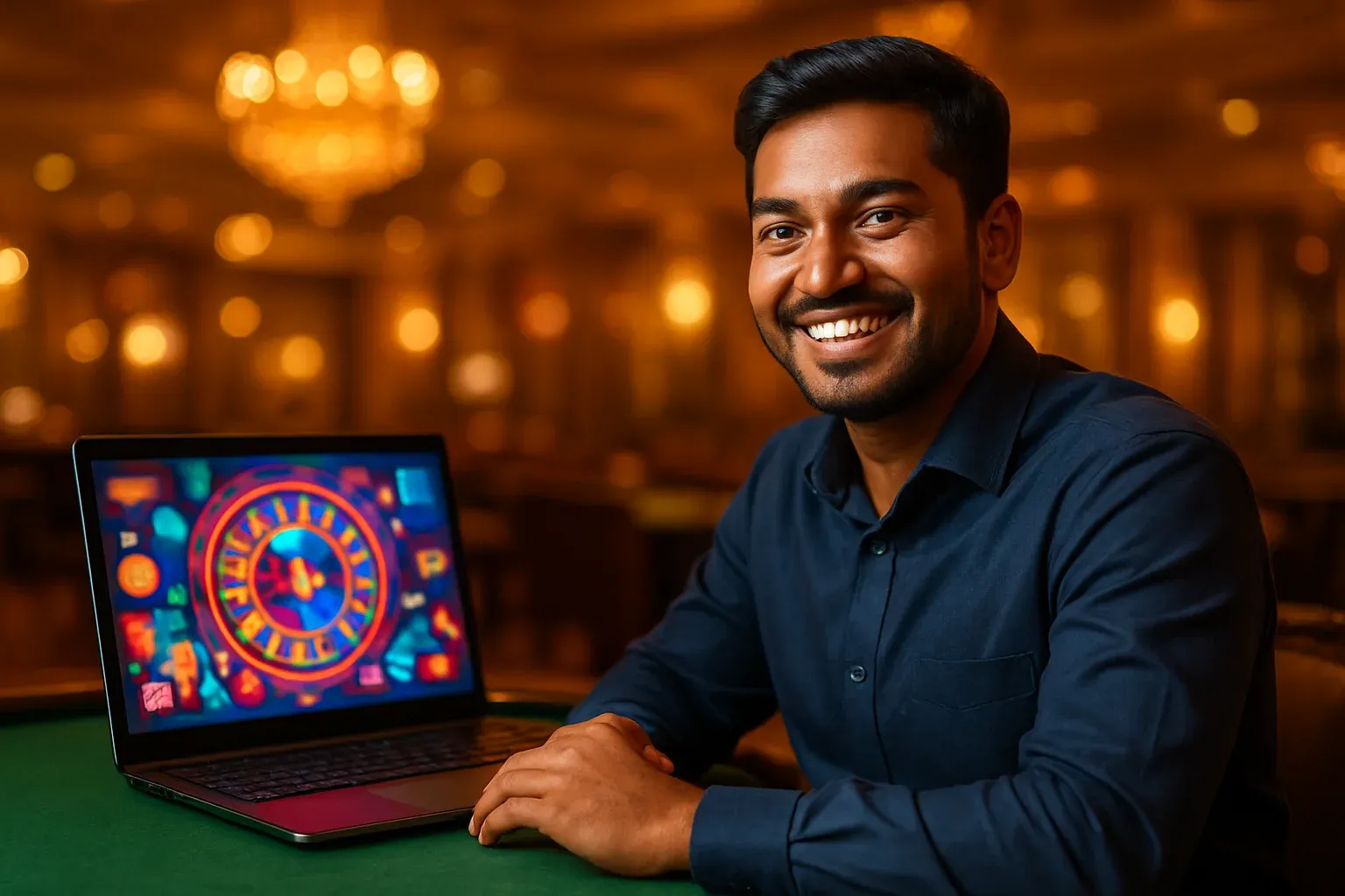 Cheerful Bangladeshi man with open laptop in premium casino lounge