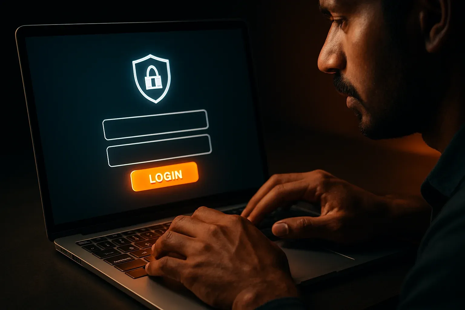 Bangladeshi man's hands on laptop showing stylized login form