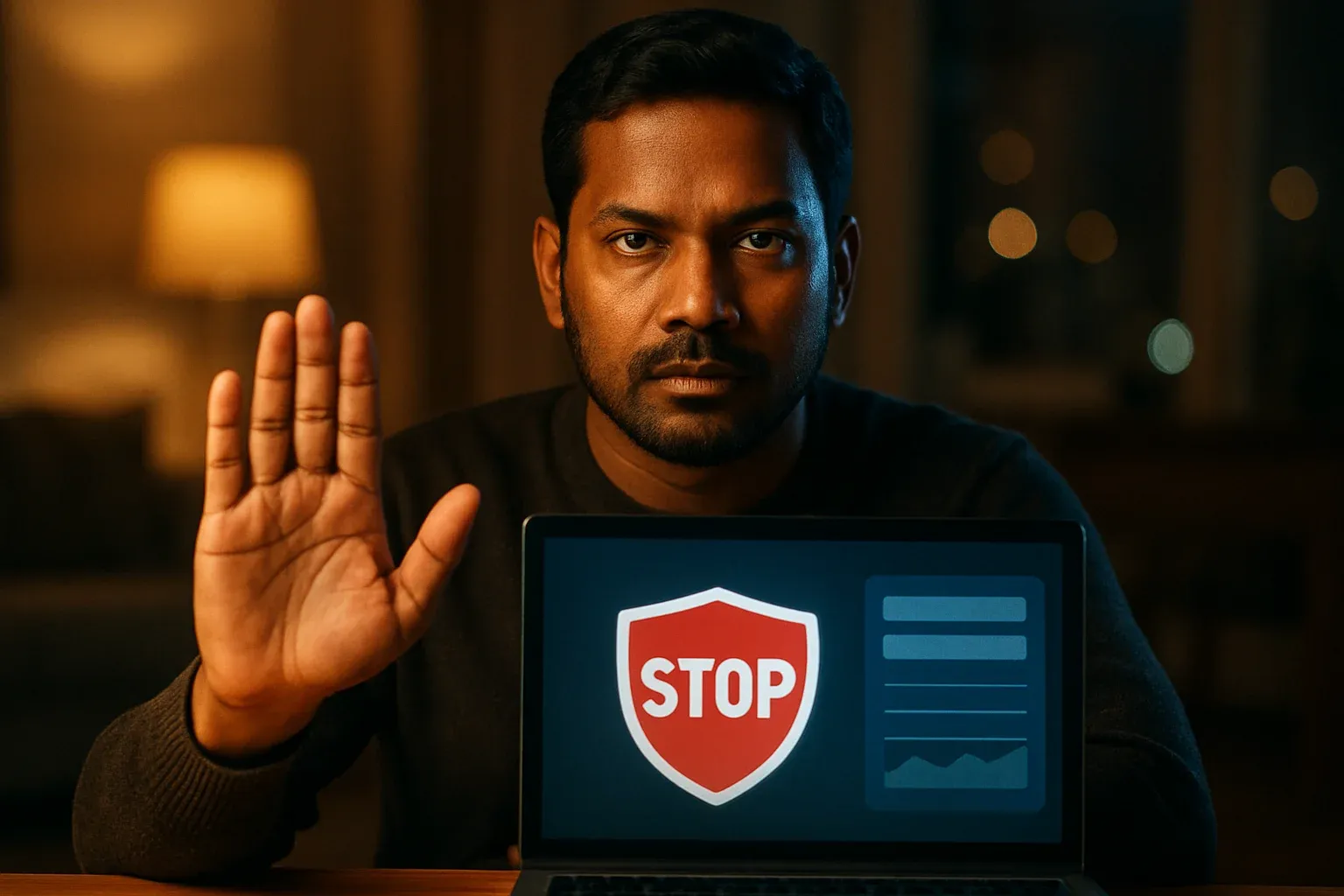 Bangladeshi man shows stop gesture beside laptop with responsible gambling screen