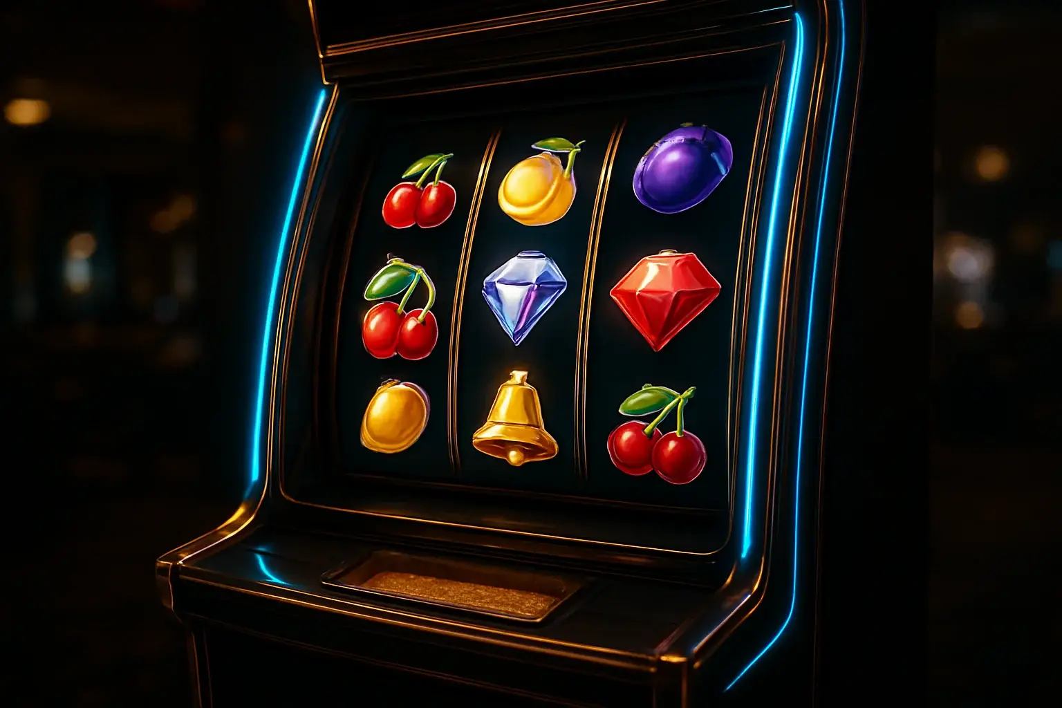 Premium slot machine with glowing reels in a dark luxury casino